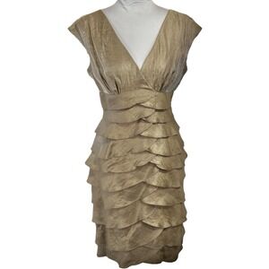 NEW London Times Gold Tiered Ruffle Pleated Cocktail Dress Size 6 P Low Cut Sexy